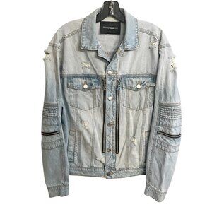 Fashion Nova Men’s Denim Jacket Size Small Faded Grunge Biker Zippers Distressed